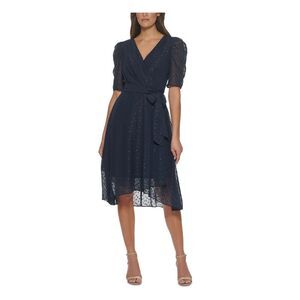 NWT TOMMY HILFIGER Womens Navy Belted Pouf Sleeve Midi Faux Wrap Dress 2